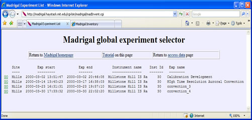 Madrigal experiment listing page