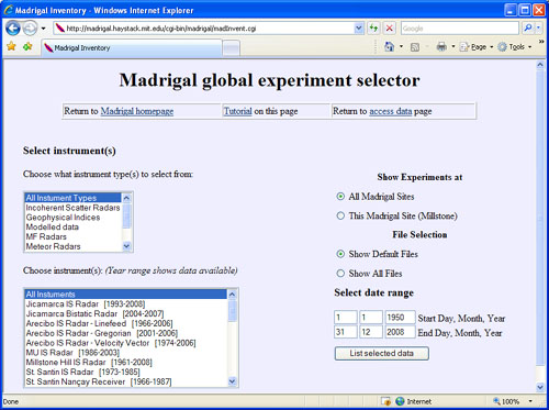Browse for individual Madrigal experiments